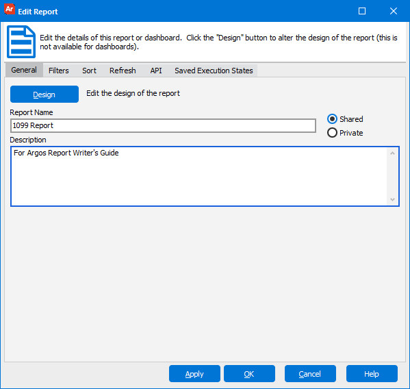 This shows the Edit Report dialog box containing the Filters and Sort tabs.